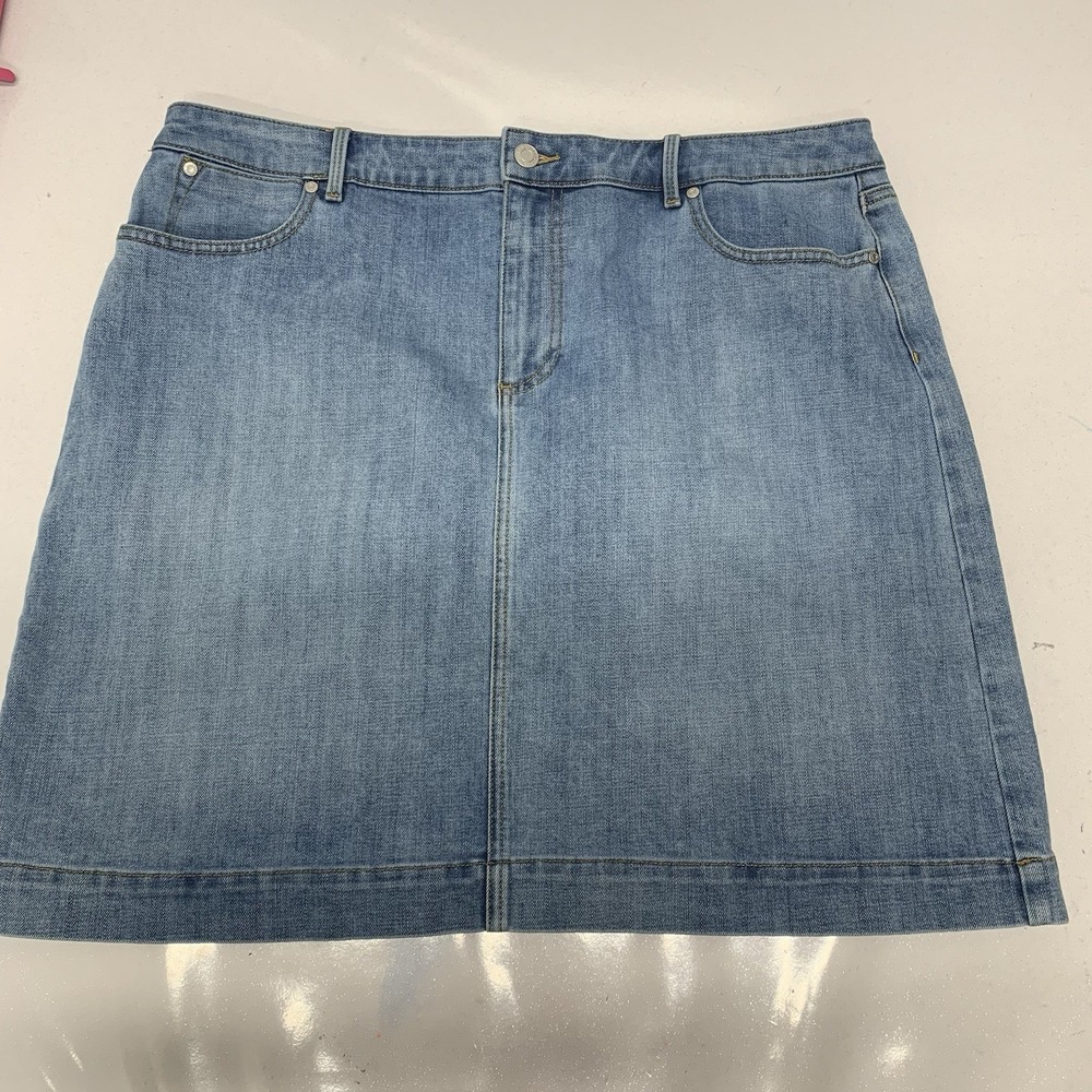 Talbots Denim Skirt 16 Above Knee A‎ Line Blue Stretch Pockets Cotton Blend - Picture 3 of 7